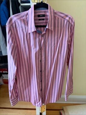 BOSS Men's Pink Striped Button-Up Shirt SLIM FIT SIZE LARGE